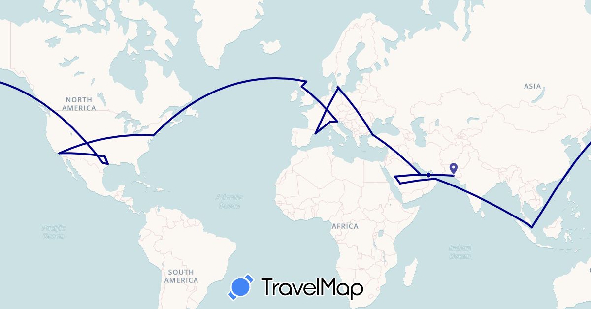 TravelMap itinerary: driving in United Arab Emirates, Denmark, Spain, United Kingdom, Italy, Malaysia, Oman, Pakistan, Qatar, Saudi Arabia, Sweden, Singapore, Turkey, United States (Asia, Europe, North America)